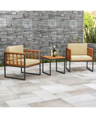 3 Pieces Patio Chair Set Acacia Wood Outdoor Sofa Set with Soft Cushions-Beige