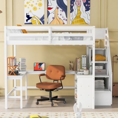 Streamdale Loft Bed with Desk, Shelves, and Staircase, Gray
