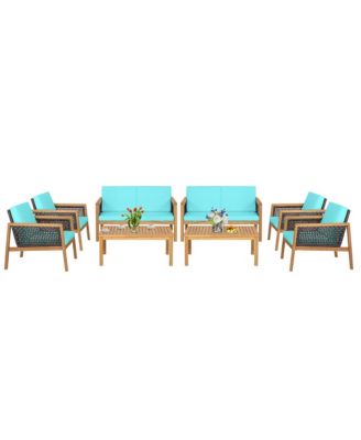8PCS Patio Rattan Furniture Set Acacia Wood Cushioned Sofa