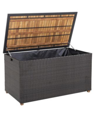134 Gallon Rattan Storage Box with Zippered Liner and Solid Acacia Wood Top