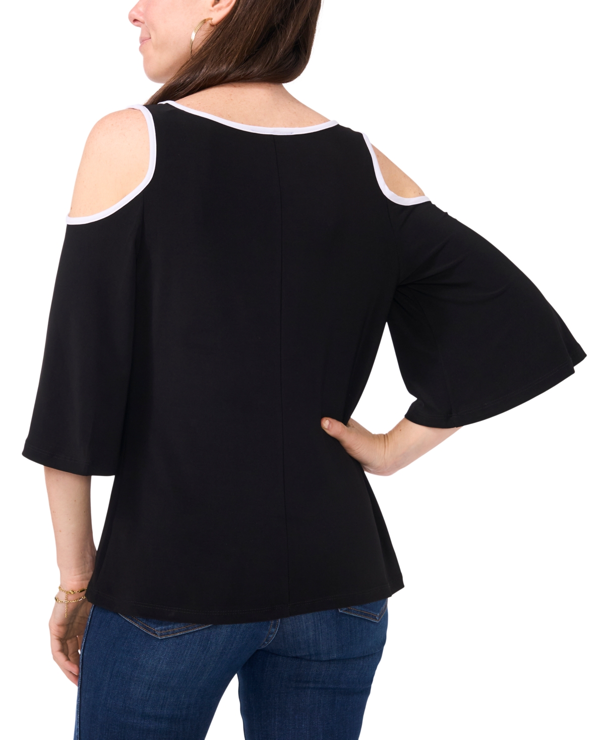 Sam & Jess Petite Keyhole Cold-Shoulder Trimmed Top - Black 001