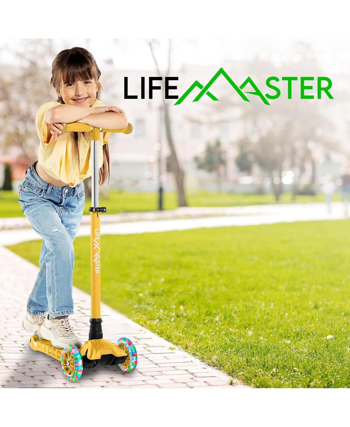 Lifemaster Kids Scooter – Children and Toddler 3 Wheel Kick Scooter – Led Wheel Lights Illuminate when Rolling– Adjustable Handle