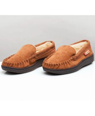 Men's Moccasin Slippers Genuine Suede House Shoe Memory Foam Insole Plush Faux Shearling Lining Comfy Indoor Outdoor Anti-Slip Rubber Sole