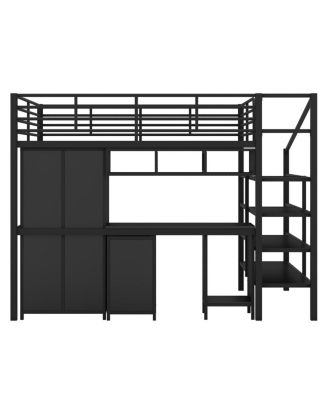 Metal Loft Bed With Table Set And Wardrobe, Full