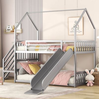 Twin Size Metal Bunk Bed House Bed With Slide And Staircase
