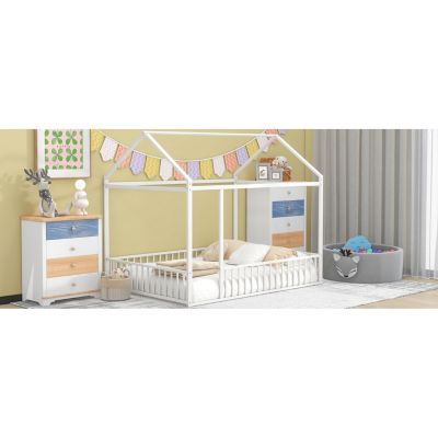 Streamdale Metal House Bed Frame with Fence for Kids