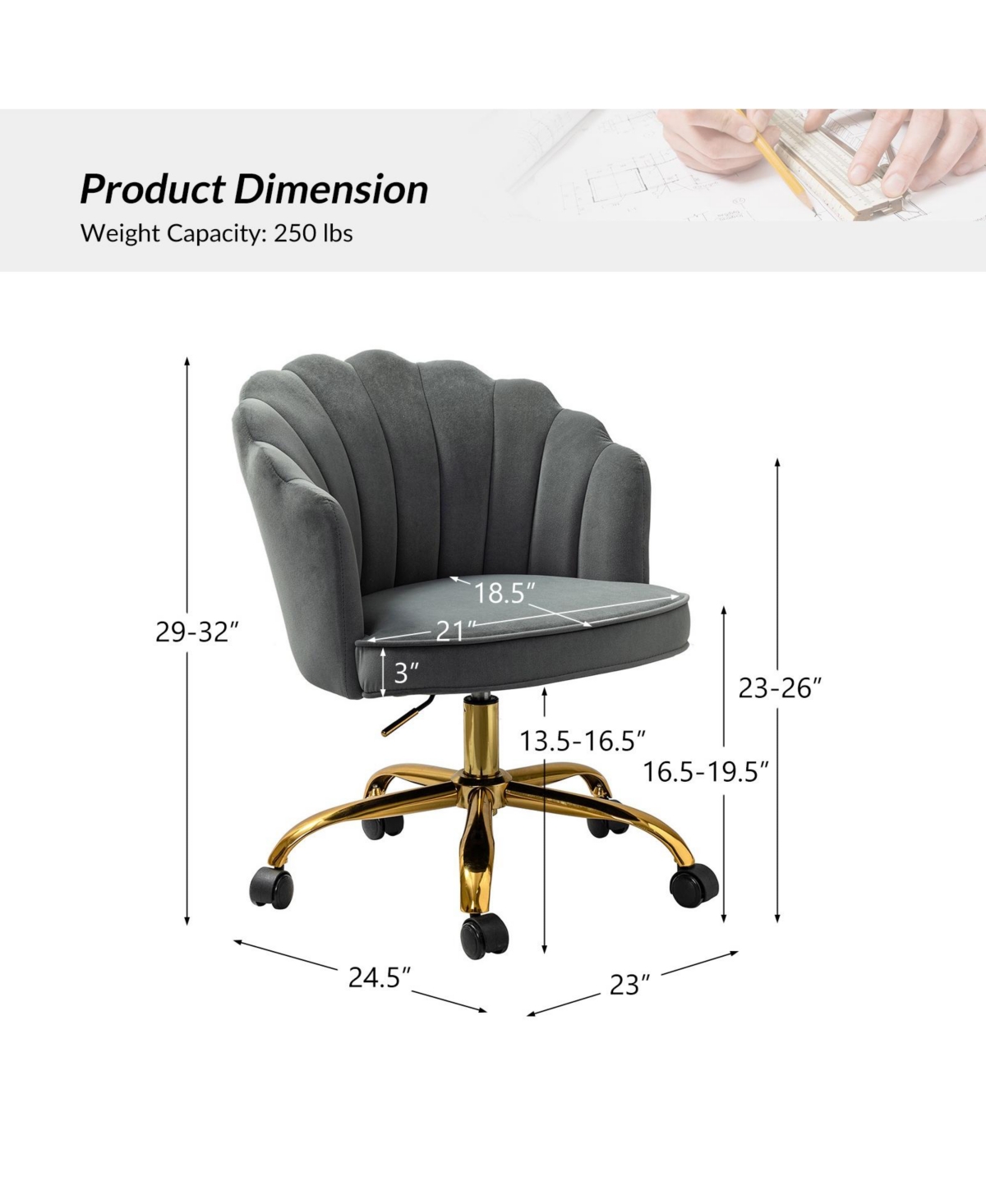 Hulala Home Woman Modern Cute Shell Back Upholstered Desk Chair for Vanity, Living Room
