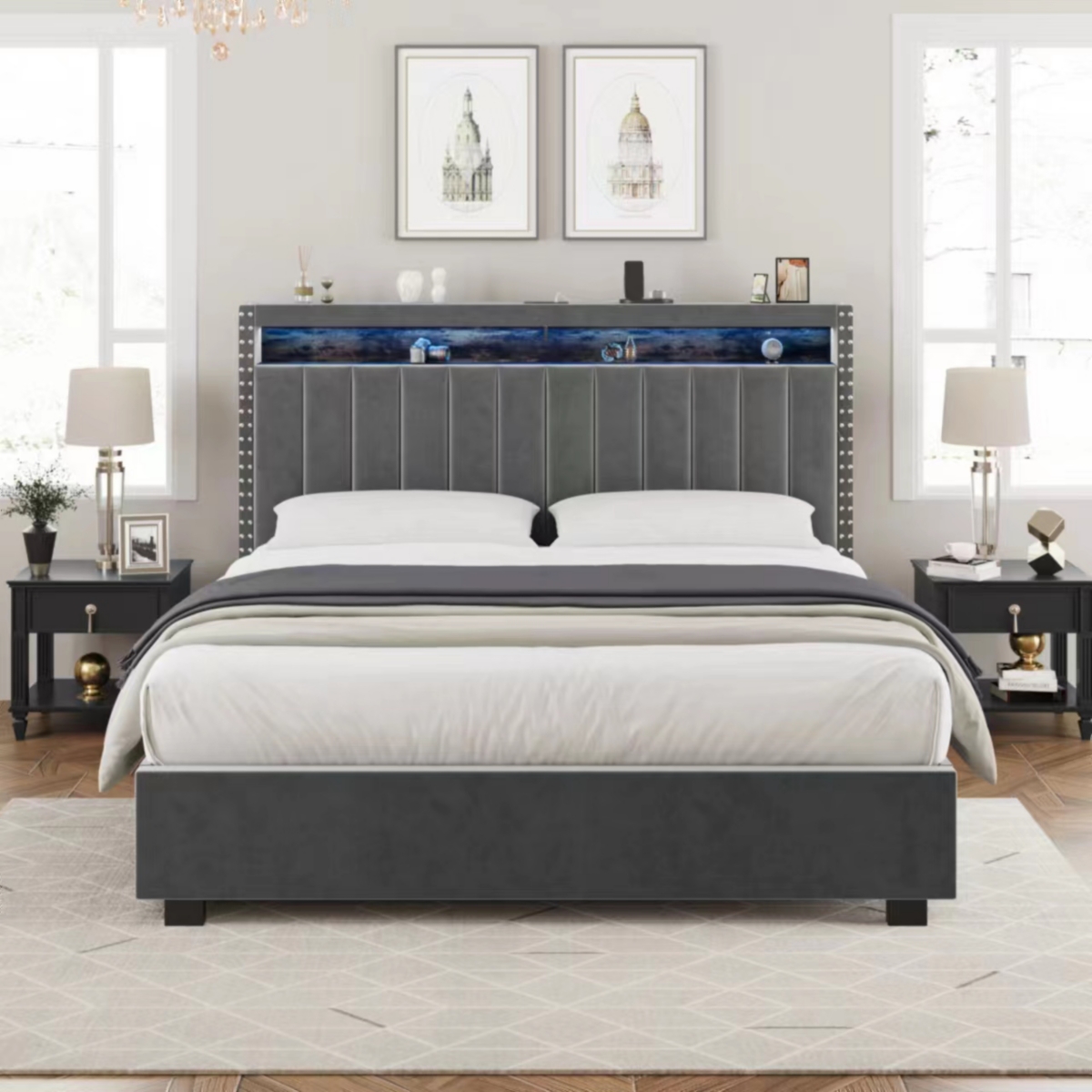 Luxury Gas Lift Storage Bed With Rf Led Lights, Storage Headboard, Queen Size, Velvet Grey - Dark grey