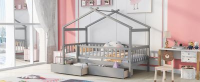 Twin Size Wooden House Bed With Two Drawers, Natural