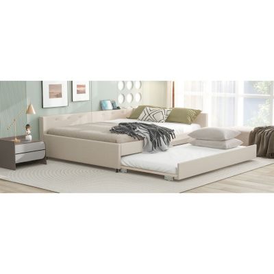 Queen Size Upholstered Platform Bed with USB And Twin Size Trundle