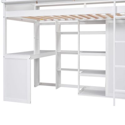 Streamdale Wood Twin Size Loft Bed With Multiple Storage Shelves And Wardrobe