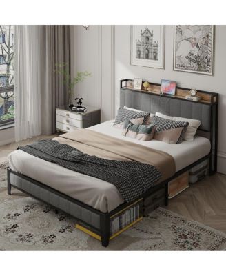 Streamdale Queen Bed Frame with Charger, Upholstered Grey Headboard