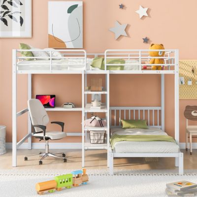 Streamdale Full Over Twin Metal Bunk Bed With Built-In Desk, Shelves And Ladder
