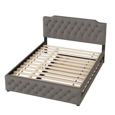 Streamdale Gray Upholstered Queen Platform Bed with Trundle & USB Ports