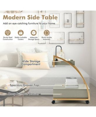 Modern 2-Tier Rolling End Table with Tray Top and Pull-Out Drawer-Grey