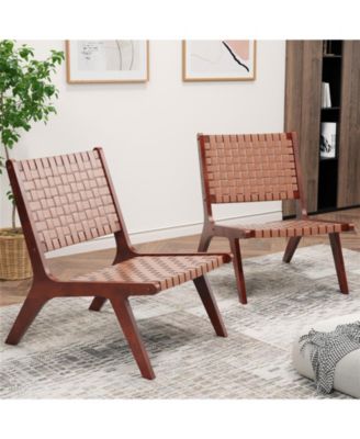 Set of 2 Woven Leather Accent Chairs with Wood Frame-Set of 2