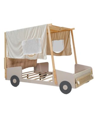 Streamdale Wood Full Size Car Bed With Pillow, Ceiling Cloth And LED