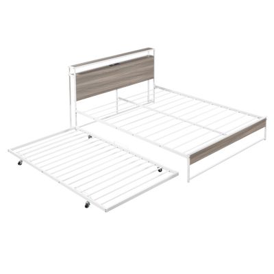 Metal Platform Bed Frame with Trundle and USB