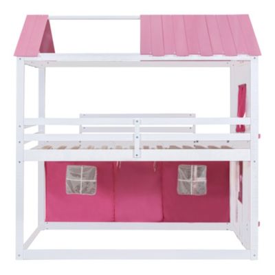 Streamdale Full Size Bunk Wood House Bed With Elegant Windows, Sills And Tent