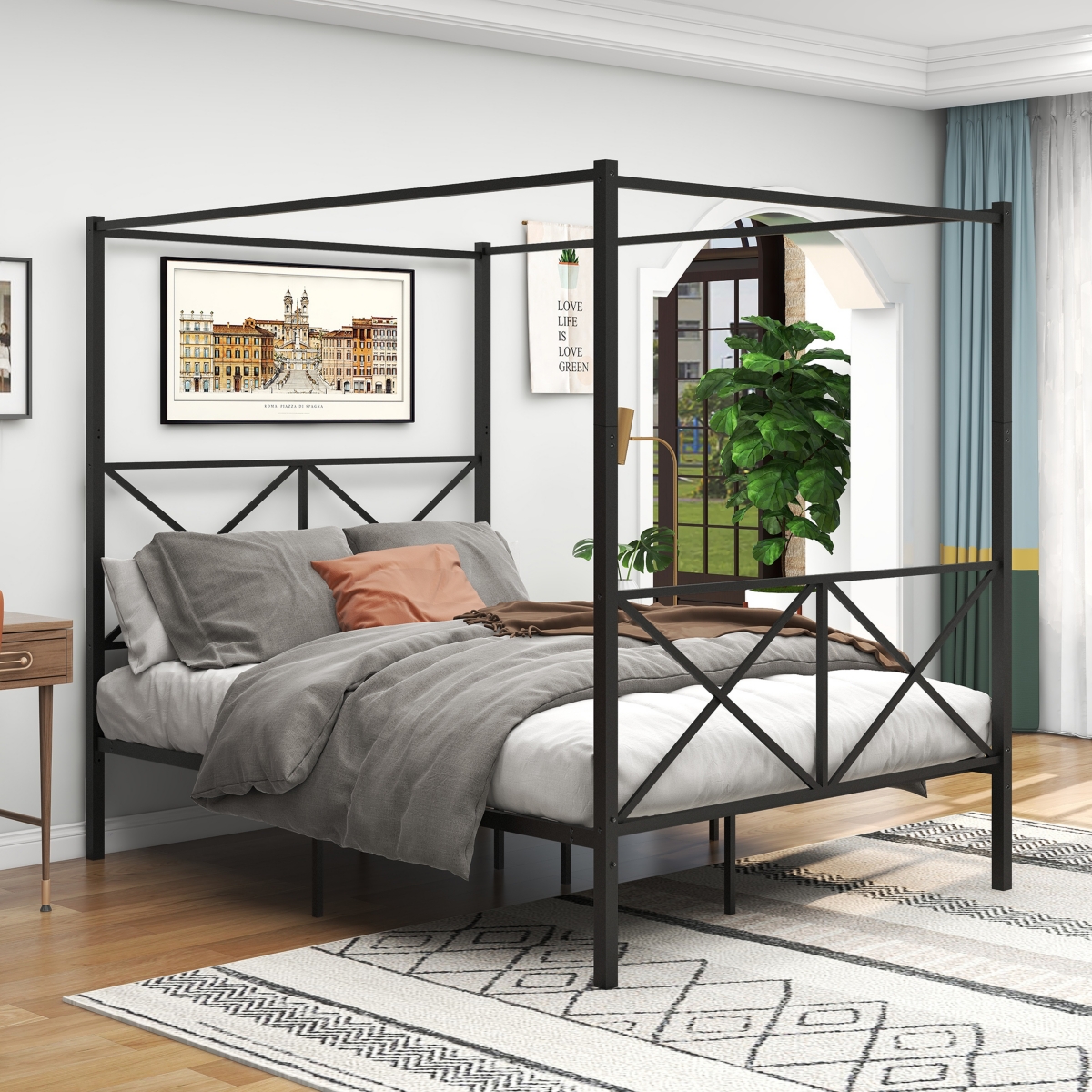 Metal Canopy Bed Frame, Platform Bed Frame Queen With X Shaped Frame Queen