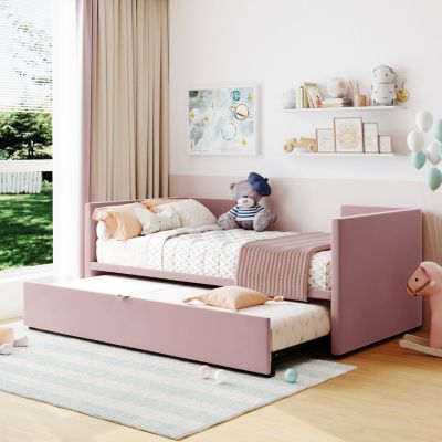 Streamdale Twin Size Upholstered Daybed With Extendable Trundle, Pink