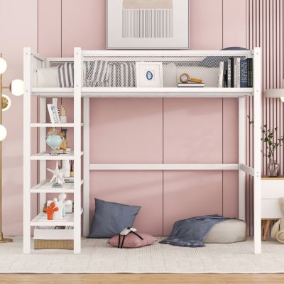 Streamdale Twin Size Metal Loft Bed With 4Tier Shelves And Storage, White