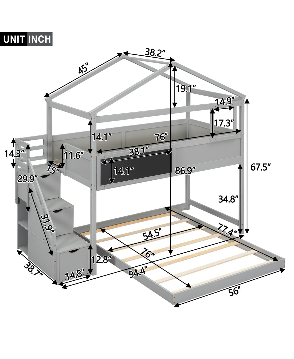Simplie Fun Twin Over Full House Bunk Bed With Storage Staircase And Board