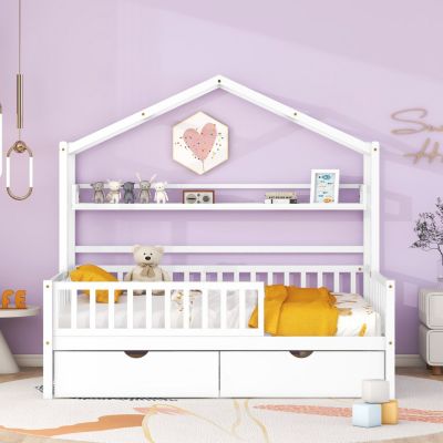 Streamdale Kids' White Wooden House Bed with Drawers and Shelf