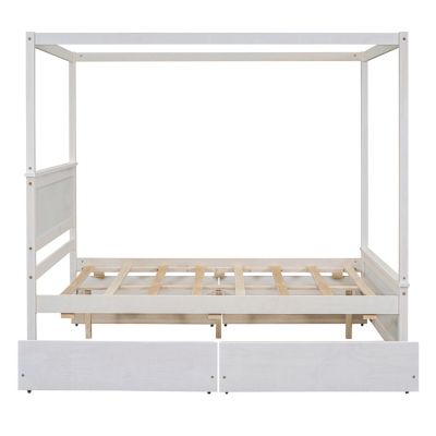 Streamdale Full Size Wood Canopy Bed with Drawers, Brushed White