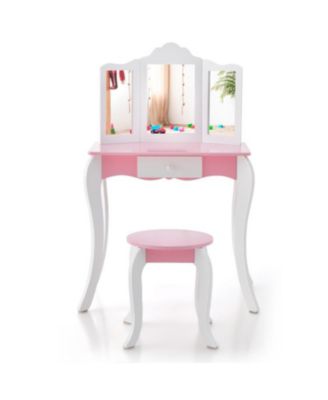 Kid's Wooden Vanity Table and Stool Set with 3-Panel Acrylic Mirror-White