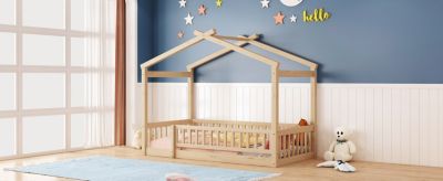Twin Size Wood House Bed Frame with Fence