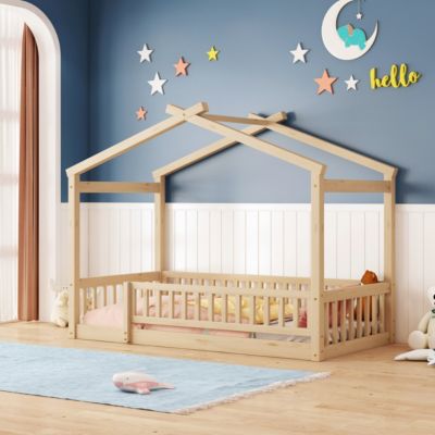 Twin Size Wood House Bed Frame with Fence