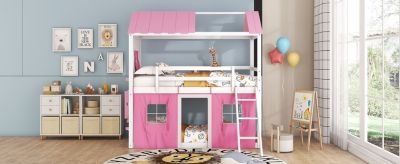 Streamdale Twin Size Bunk Wood House Bed With Elegant Windows, Sills And Tent