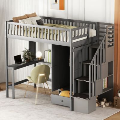 Streamdale Twin Size Loft Bed With Bookshelf, Drawers, Desk, And Wardrobe White