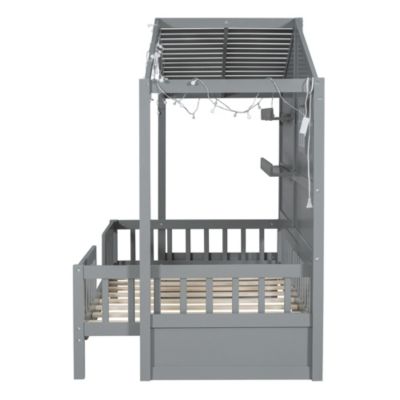 Streamdale Twin House Bed with Shelves, Window, and Lights