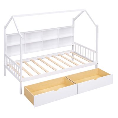 Streamdale Wooden Twin Size House Bed With 2 Drawers, Kids Bed With Storage Shelf