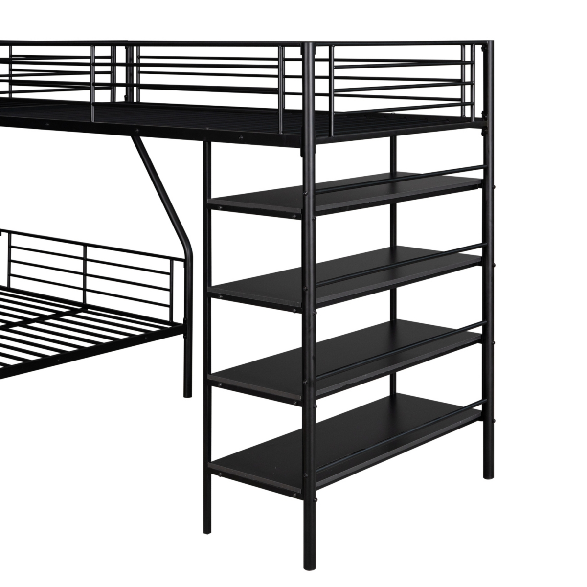 Simplie Fun L-Shaped Metal Twin Over Full Bunk Bed And Twin Size Loft Bed With Four Built-In Shelves