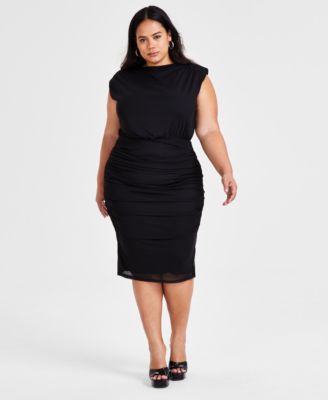 Bar III - Trendy Plus Size Cap-Sleeve Ruched Mesh Dress