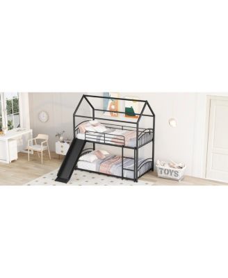 Twin Over Twin Metal Bunk Bed With Slide, Kids House Bed