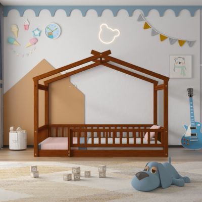 Streamdale Walnut Fence Bed House Frame for Kids and Teens