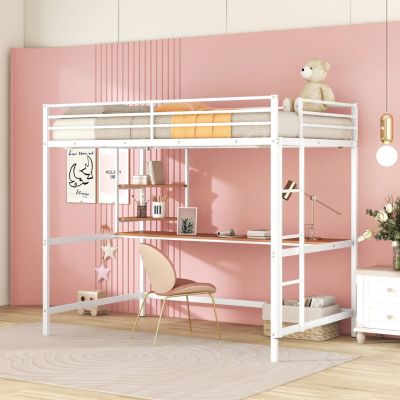 Set of 1 Full Metal Loft Bed With Desk And Shelves