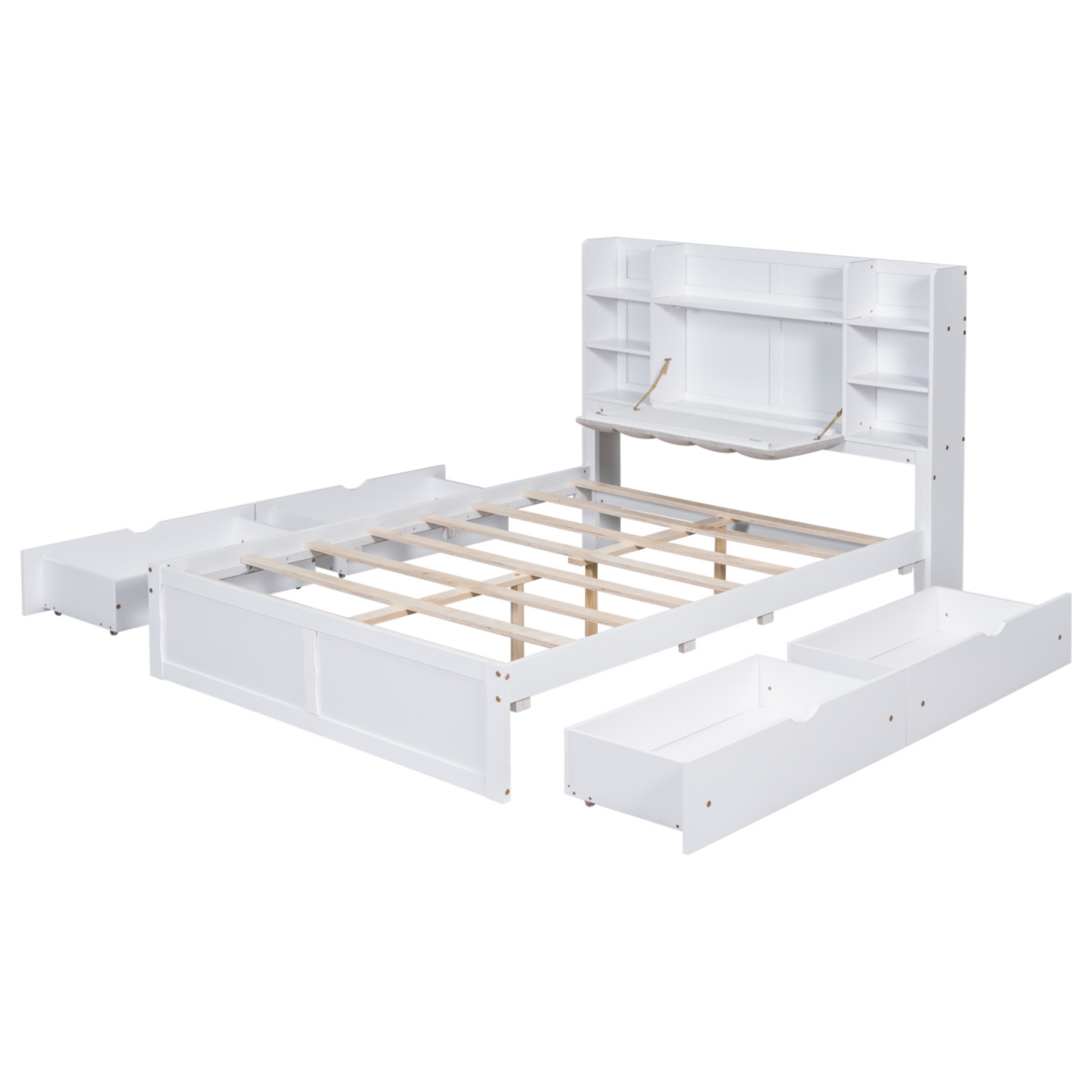Streamdale Furniture Size Bed Frame with Storage and Shelves,- White