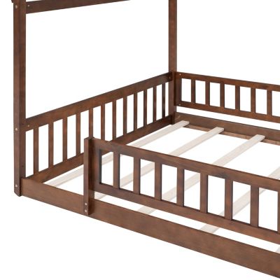 Streamdale Full Size Wood House Bed Frame with Fence, Natural