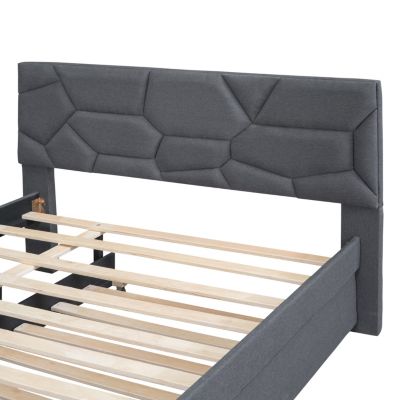 Full Size Upholstered Platform Bed With Brick Pattern Headboard And Twin Size Trundle, Linen