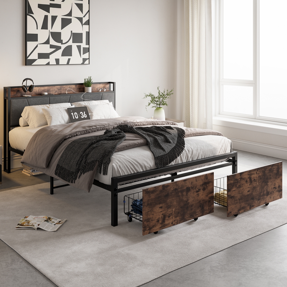 Streamdale Furniture Vintage Brown Size Bed Frame with Storage and Charging Station
