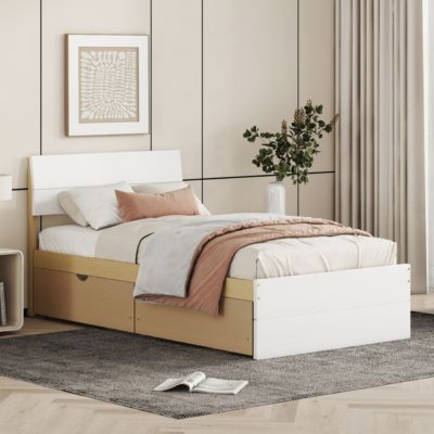 Modern Twin Bed Frame with High Gloss White and Oak Finish