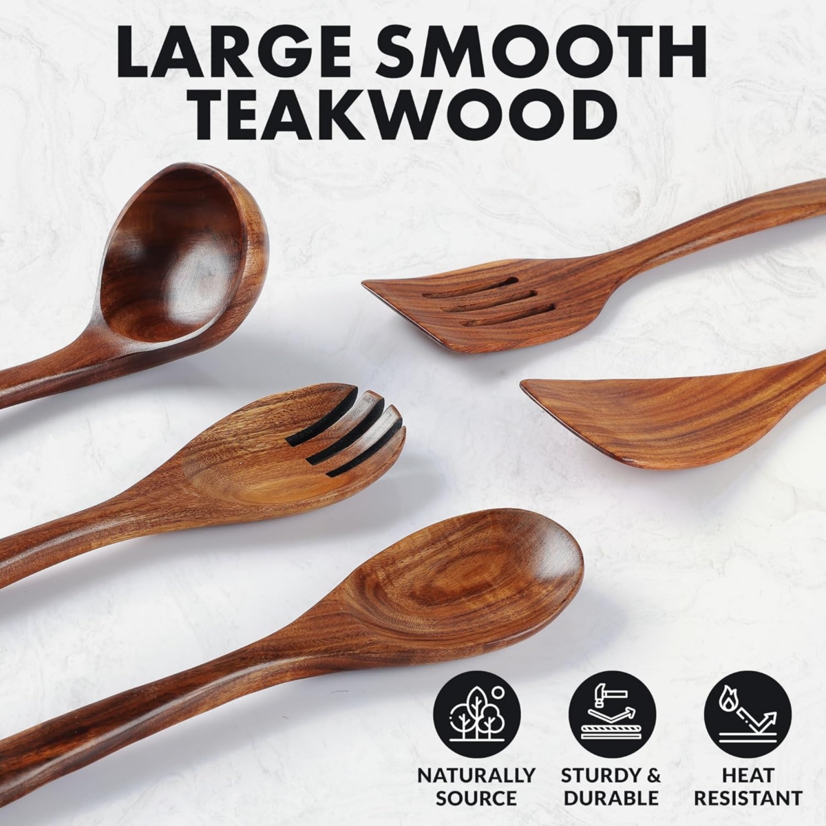 Extra Large 5-Piece Smooth Teak Wooden Spoon Set