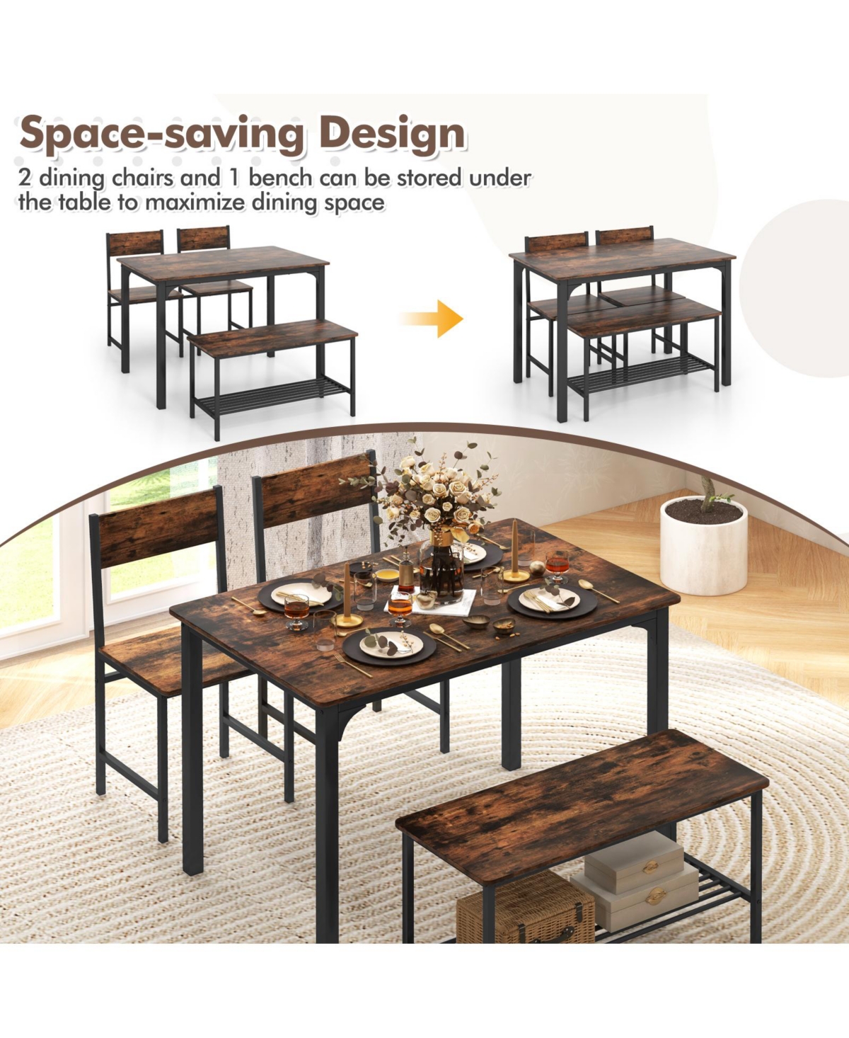 Slickblue 4 Pieces Dining Table Set with 2 Chairs and Bench