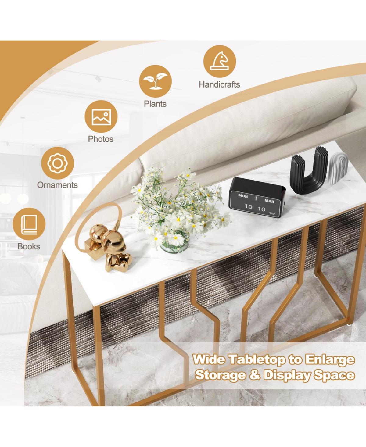 Slickblue Inch Modern White Entryway Table with Faux Marble Tabletop-White - White  Gold