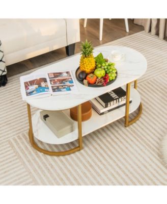 Marble Coffee Table with Open Storage Shelf-White